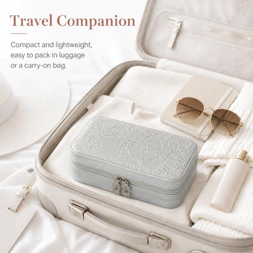 Travel Jewelry Box, Portable jewelry organizer with Embossed PU Leather Small Jewelry Box with Zipper, Velvet Lined Ring Earring Necklace Case for Travel, 6.3 x 4.7 x 2.4 in - color: Silver