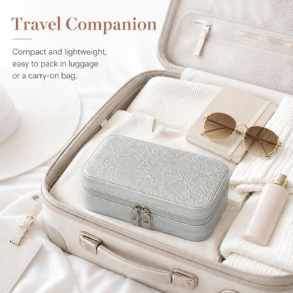 Travel Jewelry Box, Portable jewelry organizer with Embossed PU Leather Small Jewelry Box with Zipper, Velvet Lined Ring Earring Necklace Case for Travel, 6.3 x 4.7 x 2.4 in - color: Silver