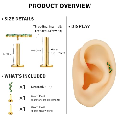 FINE4U 16G CZ Cluster Climber Cartilage Earring for Helix, Tragus - ASTM F136 Titanium Triple Marquise Labret Stud, Screw on Nickel Free Flat Back Jewelry - color: Five Marquise - Green CZ - Gold