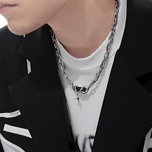 Gothic Cross Star Necklace For Men Women Silver Stainless Steel Cuban Link Paperclip Figaro Bead Chain Punk Kpop Y2k Goth Irregular Layered Cross Pendant Necklace Non Tarnish Jewelry Gift - color: Black C