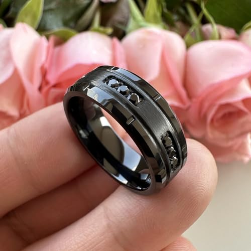 TUTISS 8mm Silver/Black Tungsten Rings for Men Women Promise Engagement Eternity Wedding Bands Black Cubic Zircon Stone Inlay All Around Matte Finish Comfort Fit - color: 8mm Black Tungsten