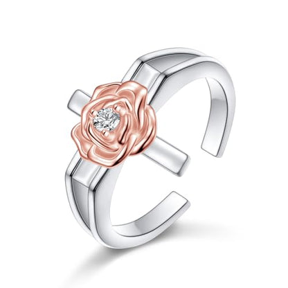 Alphm 925 Sterling Silver Toe Ring for Women Adjustable Open Toe Ring Foot Jewelry Gift - color: White-Rose Cross