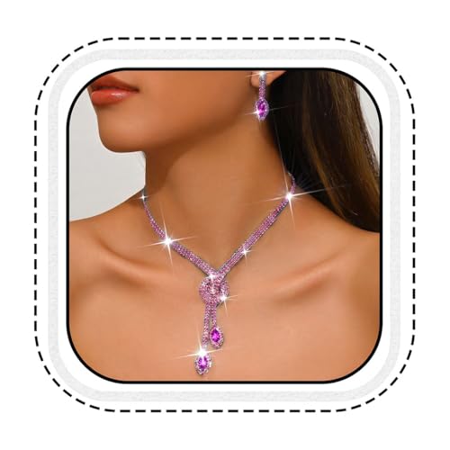 Unicra Silver Rhinestone Bridal Wedding Jewelry Set Crystal Necklace Earrings Sets Formal Prom Costume Jewelry Sets for Women and Brides - color: Purple