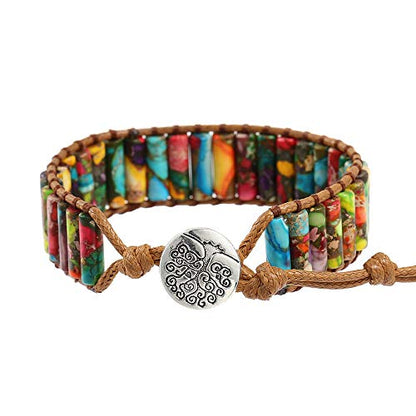Plumiss Women Boho Handmade Natural Stone Crystal Leather Bead Wrap Bracelets Collection - style: Colorful Jasper 1W