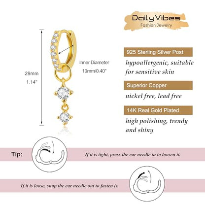 DAILY VIBES Cute Butterfly Star Cross Heart CZ Dangle Earrings for Women | 925 Sterling Silver Post, 14K Gold or Silver Plated, Mini Cubic Zirconia Dainty Drop, Cartilage Small Huggie Hoop Earrings - color: Gold Two Stones