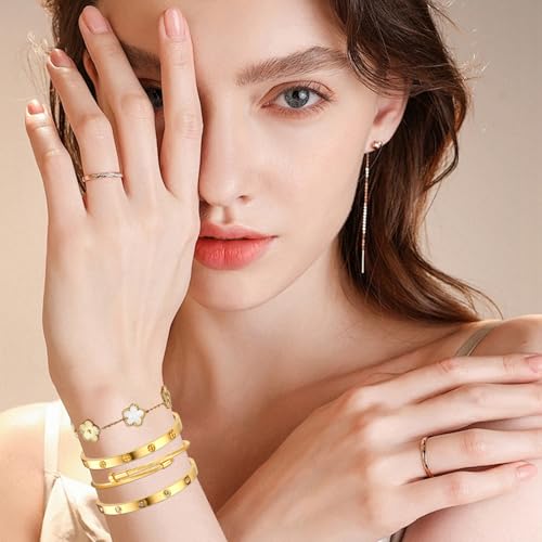 Womens Stackable Floral Gold Bracelets - 4Pcs 18K Gold Plated Bracelet,Stainless Steel Bangle Bracelets Non Tarnish, Gold Bracelet Set Trendy Jewelry,Christmas Valentines Birthday Gifts for Girlfriend - color: Bracelets Stack 4Sets (Floral White+Gold Brac