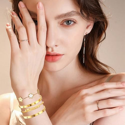 Womens Stackable Floral Gold Bracelets - 4Pcs 18K Gold Plated Bracelet,Stainless Steel Bangle Bracelets Non Tarnish, Gold Bracelet Set Trendy Jewelry,Christmas Valentines Birthday Gifts for Girlfriend - color: Bracelets Stack 4Sets (Floral White+Gold Brac