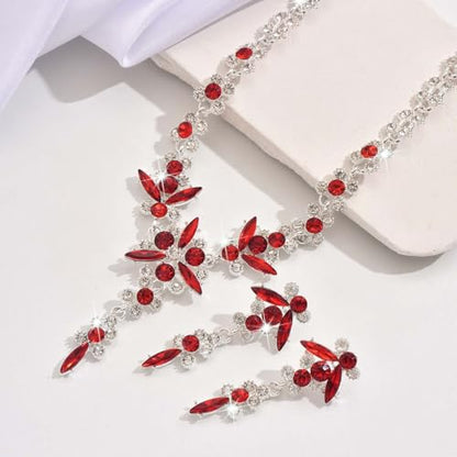 Wedding Jewelry Sets for Brides Rhinestone Necklace and Earring Set Bracelet Ring Gold Silver Prom Jewelry Sets Diamond Flower Teardrop Necklace for Women - color: Style5-Red