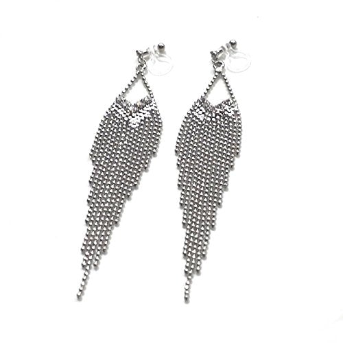 Dangle Silver Invisible Clip On Earrings for Women Not Pierced Gold Crystal Rhinestone Comfortable Hoop Fringe Long Chain Clip On Earrings - color: Fringe Silver 2