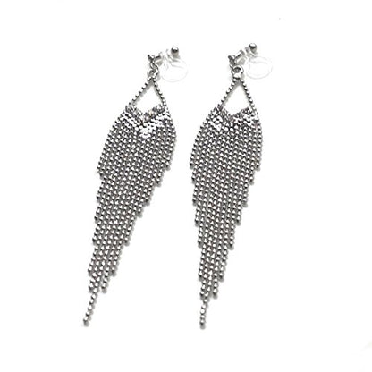 Dangle Silver Invisible Clip On Earrings for Women Not Pierced Gold Crystal Rhinestone Comfortable Hoop Fringe Long Chain Clip On Earrings - color: Fringe Silver 2