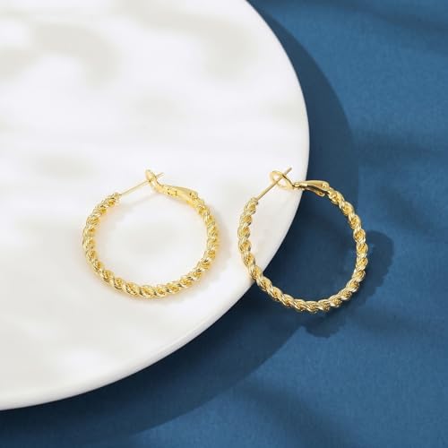 14K Gold Braided Texture Hoop Earring, 32/40mm Twist Rope Design Round Hoop Earrings for Women Gold Jewelry Gifts for women - style: Braided Earrings-31mm