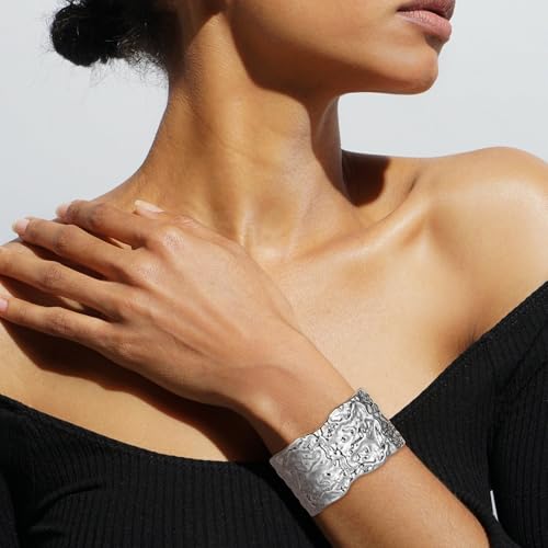 HZMAN Chunky Gold Cuff Bracelets for Women Thick Wide Bangle Bracelet Hammered Open Hinge Wrist Cuff Bracelet Jewelry Gift - color: 12.Meteorite Shaped Silver 7In