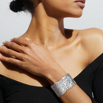 HZMAN Chunky Gold Cuff Bracelets for Women Thick Wide Bangle Bracelet Hammered Open Hinge Wrist Cuff Bracelet Jewelry Gift - color: 12.Meteorite Shaped Silver 7In