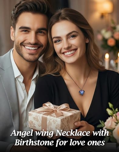 CDE Angel Wings Heart Birthstone Pendant Necklace Gift for Women | Silver/Gold Tone,Ideal Birthday & Anniversary Jewelry Gift for Wife,Girlfriend,Her - color: Black-02-Feb-Amethsy Purple Birthstone