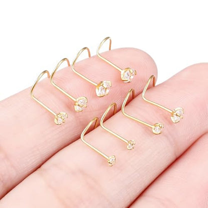 Hoeudjo Hypoallergenic Nose Rings Studs 24G Surgical Stainless Steel Cubic Zirconia Nose Studs for Women Men Screw & Bone & L Shaped Nostril Piercing Jewelry with 1.5mm 2mm 2.5mm 3mm CZ - color: goldtone,screw nose studs