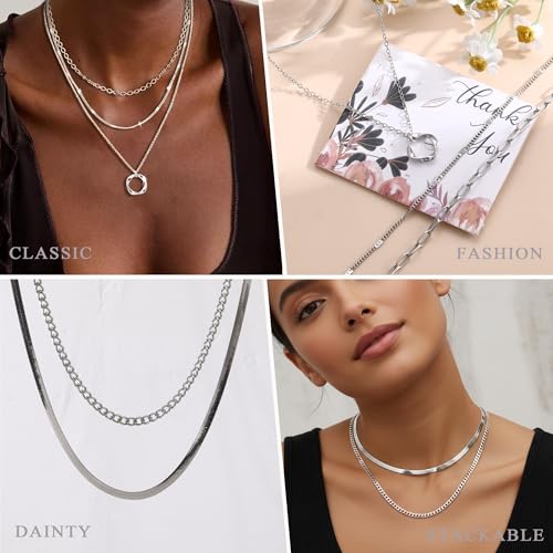 YEEZII 56 Pcs Gold Jewelry Set for Women with 5Pcs Layered Necklace, 5Pcs Layered Necklace, 12 Bracelets, 4 Hoop Earrings, 8 Stackable Rings, 10 hairpins, 12 Studs Earrings Jewerly set for Women - color: Silver