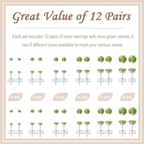 12 Pairs Stud Earrings Set, Hypoallergenic Surgical Stainless Steel 316L Earring for Women Men, Small Earring Studs Pack with Cubic Zirconia - color: Olive Green-6 Sizes-3，4，5，6，7，8