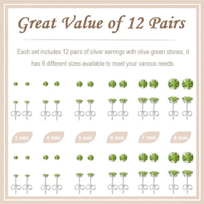 12 Pairs Stud Earrings Set, Hypoallergenic Surgical Stainless Steel 316L Earring for Women Men, Small Earring Studs Pack with Cubic Zirconia - color: Olive Green-6 Sizes-3，4，5，6，7，8