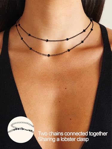 FOCALOOK Choker Necklace for Women, Double Layered Boho Beaded Choker Chain | Dainty 14K Gold Plated/Silver/Black Metal, Simple Small Satellite Beaded Chain Necklace, Hypoallergenic for Everyday Wear - color: 01.2-Layered Satellite Beads-Black