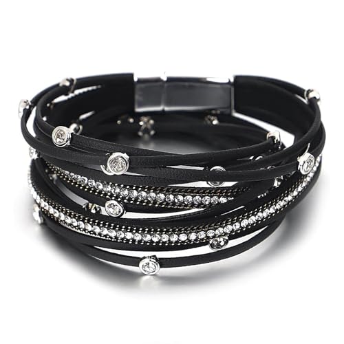 Fesciory Leather Wrap Bracelet for Women, Boho Western Layered Cuff Jewelry | Stackable Bracelets, Easy-On Clasp, Daily Wear, Pairs with Boho Western Outfits, Gift for Women - color: Black10
