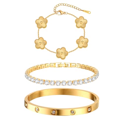 Womens Stackable Floral Gold Bracelets - 3Pcs 18K Gold Plated Bracelet,Stainless Steel Bangle Bracelets Non Tarnish, Gold Bracelet Set Trendy Jewelry,Christmas Valentines Birthday Gifts for Girlfriend