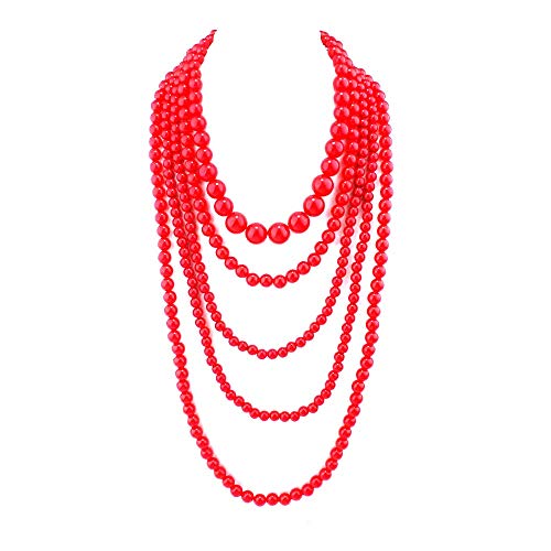 Multilayer Strand Chain Faux Pearls Flapper Beads Cluster Long Choker Necklace - color: Red