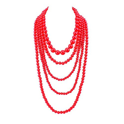 Multilayer Strand Chain Faux Pearls Flapper Beads Cluster Long Choker Necklace - color: Red