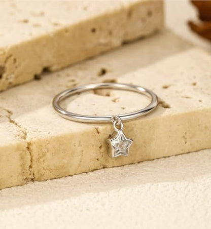 XAYAH Graduation Gifts 925 Sterling Silver Dainty Star Dangle Promise Ring for Women CZ Crystal Dangling Charm Stacking Ring Statement Engagement Rings Wedding Band Minimalist Birthday Jewelry Gifts - size: 9