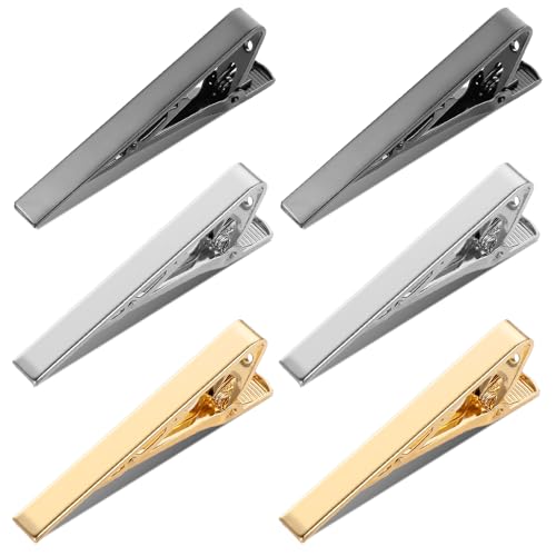 JJUNW 6 Pcs Tie Clips for Men, Stainless Steel Tie Clips Classic Ties Bar Clip Silver Patterned for Father Husband Business Wedding Anniversary Everyday Wear (Gold + Silver + Black)