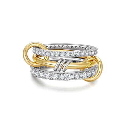Gold Silver Stackable Rings for Women Mixed Metal Interlocked Ring Stack | Multi Ring set non tarnish 14K Gold Plated Cubic Zirconia Fashion trendy Two Tone Connected Bands Statement rings Size 4-11 - color: 04- Two tone 3 rings