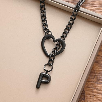 sroyte Black Heart Slip Chain Initial Necklaces for Women,Stainless Steel O-Ring Adjustable Lariat Heart Y-Necklace,Punk Gothic Cuban Collar Choker Necklace for women - color: Black P