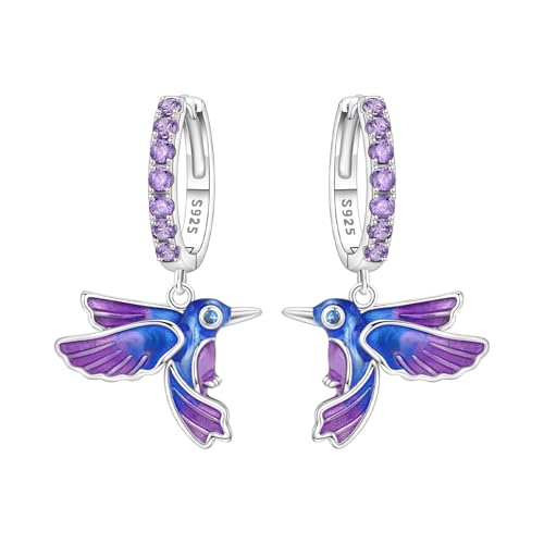 925 Sterling Silver Hoop Earrings Drop Dangle Earrings for Women Hypoallergenic Earring Trendy Huggie Earring Cute Graduation Birthday Gifts Jewelry for Women - color: Blue purple bird earrings
