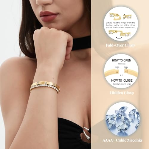18K Gold Plated Dainty Tennis Bracelets Set 4mm/6mm Love Bangle Bracelets with 3mm/4mm Cubic Zirconia Classic Tennis Bracelet| Gold Bracelets for Women | Size 6.5/7/7.5 Inch - color: 3mm&4mm Gold Tennis Bangle, size: 7.5 Inches