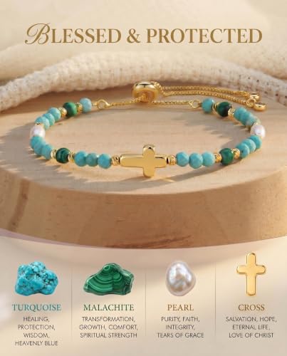 HGDEER God's Blessing Cross Bracelet for Women & Teens, Christian Gift | 14K Gold Plated, Natural Malachite & Turquoise Beads, Secure Adjustable Bolo Clasp, Hypoallergenic, Gift for Women & Teens - color: Multi-Green