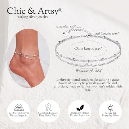CHIC & ARTSY 925 Sterling Silver Ankle Bracelets for Women, Adjustable Layered Foot Chains with Nature & Symbol Charms, Lightweight Comfort Fit Boho Beach Everyday Jewelry - color: Wave/silver