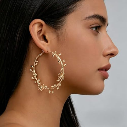 Gold Floral Hoop Earrings for Women, 14K Gold Plated Lightweight Leaf Flower Large Hoop Earrings, Hypoallergenic Fashion Statement Jewelry for Daily & Party Wear