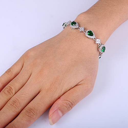 EleQueen Women's Silver-Tone Cubic Zirconia Teardrop Flower Bridal V-Necklace Sets Tennis Bracelet Dangle Earrings for Wedding Bridesmaids - color: Emerald Color