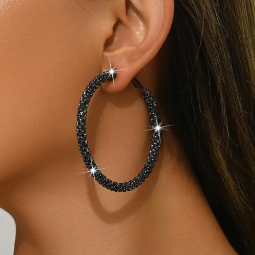 Large Gold Rhinestone Hoop Earrings Silver Sparkly Big Hoop Earrings for Women Black Earring Bling Chunky Silver Hoops 60mm Trendy Statement Earring for Women Bling Hoop for Prom Wedding Party Chunky Jewelry - style: Black Hoops 60mm