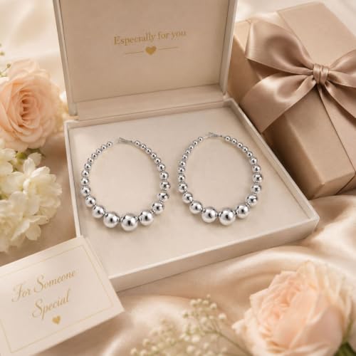Big Chunky Gold Hoop Earrings for Women Beaded Large Statement Earrings Lightweight Fashion Jewelry Daily Wear Party Gift - color: B:Silver Hoop Earrings