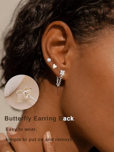 Hypoallergenic Small Gold Stud Earrings for Women 14K Gold Plated CZ Chain Hoops Hypoallergenic Earrings Dainty Clover Flower Heart Bow Stud Earrings for Jewelry Gift - color: silver