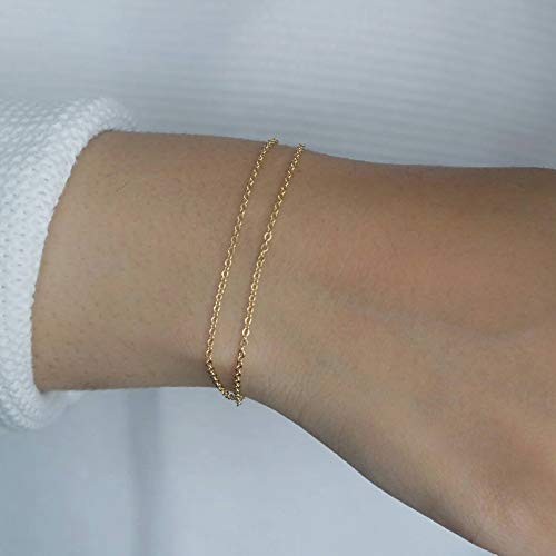 Womens Dainty Gold Chain Bracelet,Simple Layered Chain Bracelets,Beaded Turquoise Bracelet,Charm Crystal Bar,Heart,Karma,Triangle,Pearl Bracelets for Women - color: Layered Cable Chain