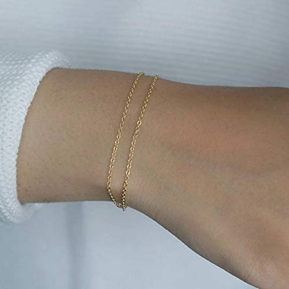 Womens Dainty Gold Chain Bracelet,Simple Layered Chain Bracelets,Beaded Turquoise Bracelet,Charm Crystal Bar,Heart,Karma,Triangle,Pearl Bracelets for Women - color: Layered Cable Chain