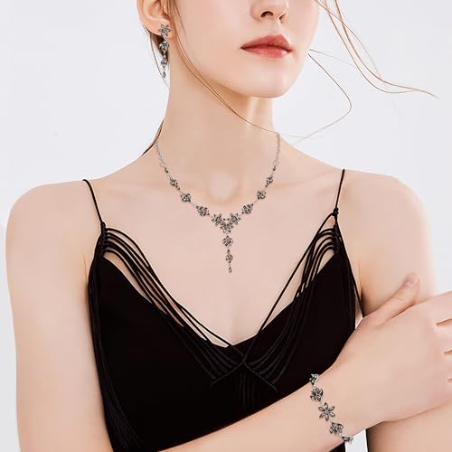 EVER FAITH Crystal Flower Wedding Prom Jewelry Set for Bride Bridesmaid | Rhinestone Costume Party Y-Shaped Necklace Dangle Earrings Bracelet, for Women - color: Grey Silver-Tone