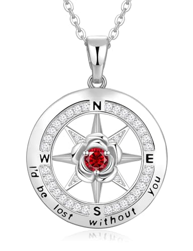 Meeshi Silver Compass Necklace for Women Birthday Gifts for Wife Anniversary Necklace for Women Rose Flower Birthstone Necklaces for Wife Jewelry for Womens Girlfriend Mom Daughter - style: 01-January-Garnet