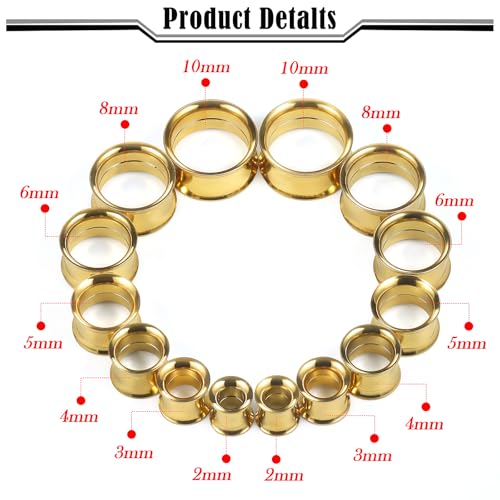 12G-25mm Double Flare Thin Gauges Tunnels Plugs Stretching Kit 316L Surgical Stainless Steel Hollow Gauge Tunnel Plug for Ear 12G 10G 8G 6G 4G 2G 0G 00G 12mm 14mm 16mm 18mm 20mm 22mm 25mm - color: Gold Tone, size: 12G(2.0mm)-14mm