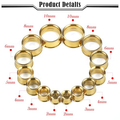 12G-25mm Double Flare Thin Gauges Tunnels Plugs Stretching Kit 316L Surgical Stainless Steel Hollow Gauge Tunnel Plug for Ear 12G 10G 8G 6G 4G 2G 0G 00G 12mm 14mm 16mm 18mm 20mm 22mm 25mm - color: Gold Tone, size: 12G(2.0mm)-14mm