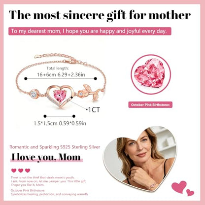 1CT Rose Heart Birthstone Bracelet for Women Love Gift - style: 10-Oct Pink Rose Gold