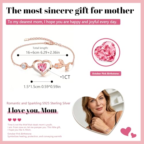 1CT Rose Heart Birthstone Bracelet for Women Love Gift - style: 10-Oct Pink Rose Gold