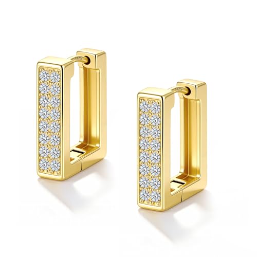 Silver Hoop Earrings for Women Gold Square Huggie Earring for Daily Wear | ALEXCRAFT Hypoallergenic Small Cubic Zirconia Silver Earring Thin Hoop Huggie Earrings for Women Fashion Jewelry Gifts - color: 14K Gold