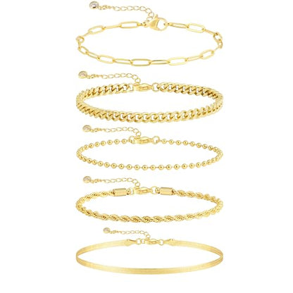 Cuzmly Bracelets for Women, Waterproof 14K Gold/Silver Plated Stackable Bracelets for Women Non Tarnish Trendy Dainty Paperclip Figaro Box Herringbone Hand Chain Bracelet Pack Stack Adjustable Jewelry for Women - style: 5 Rope